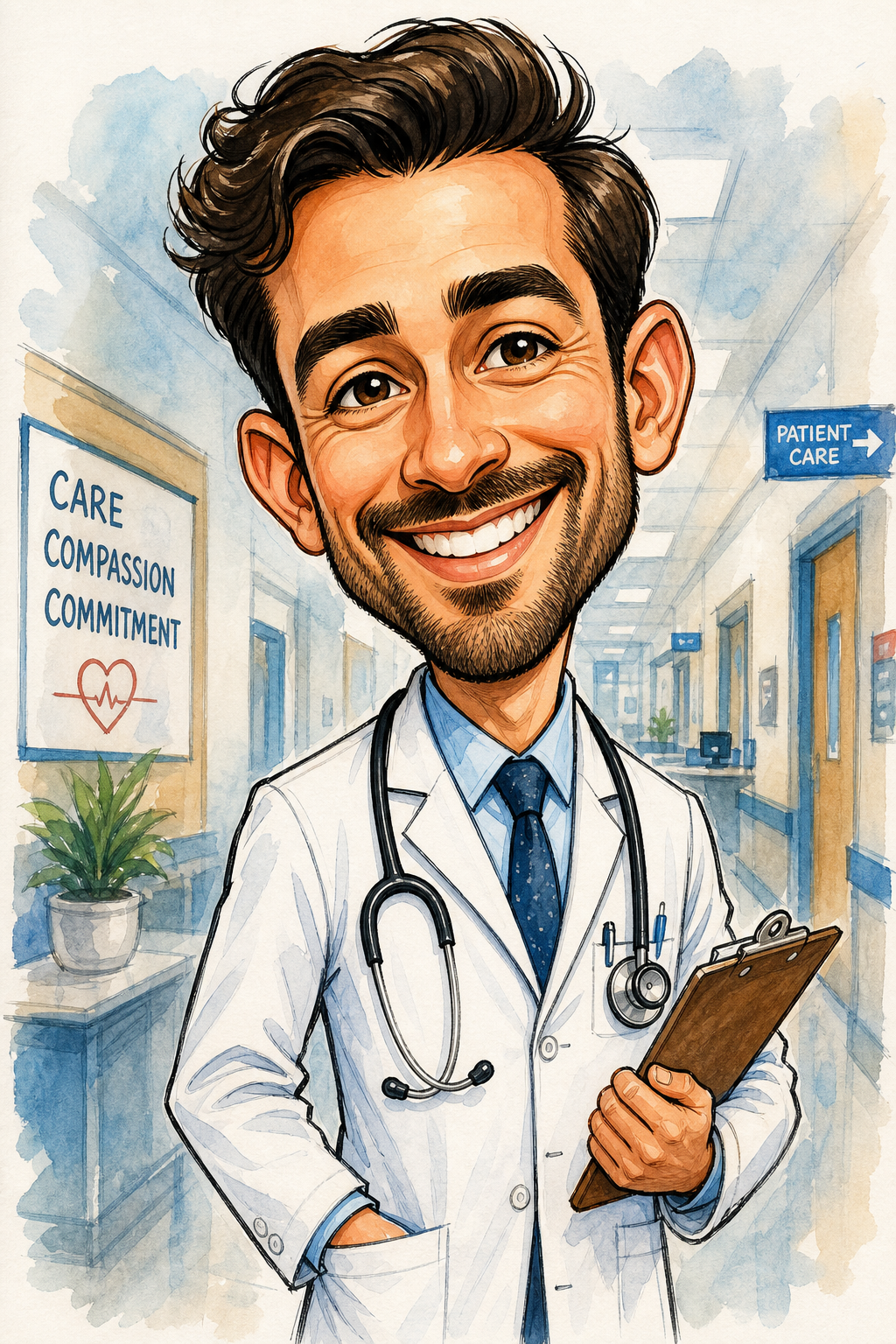 Custom Caricature Single-Man Portrait — Heroic Doctor from Photo