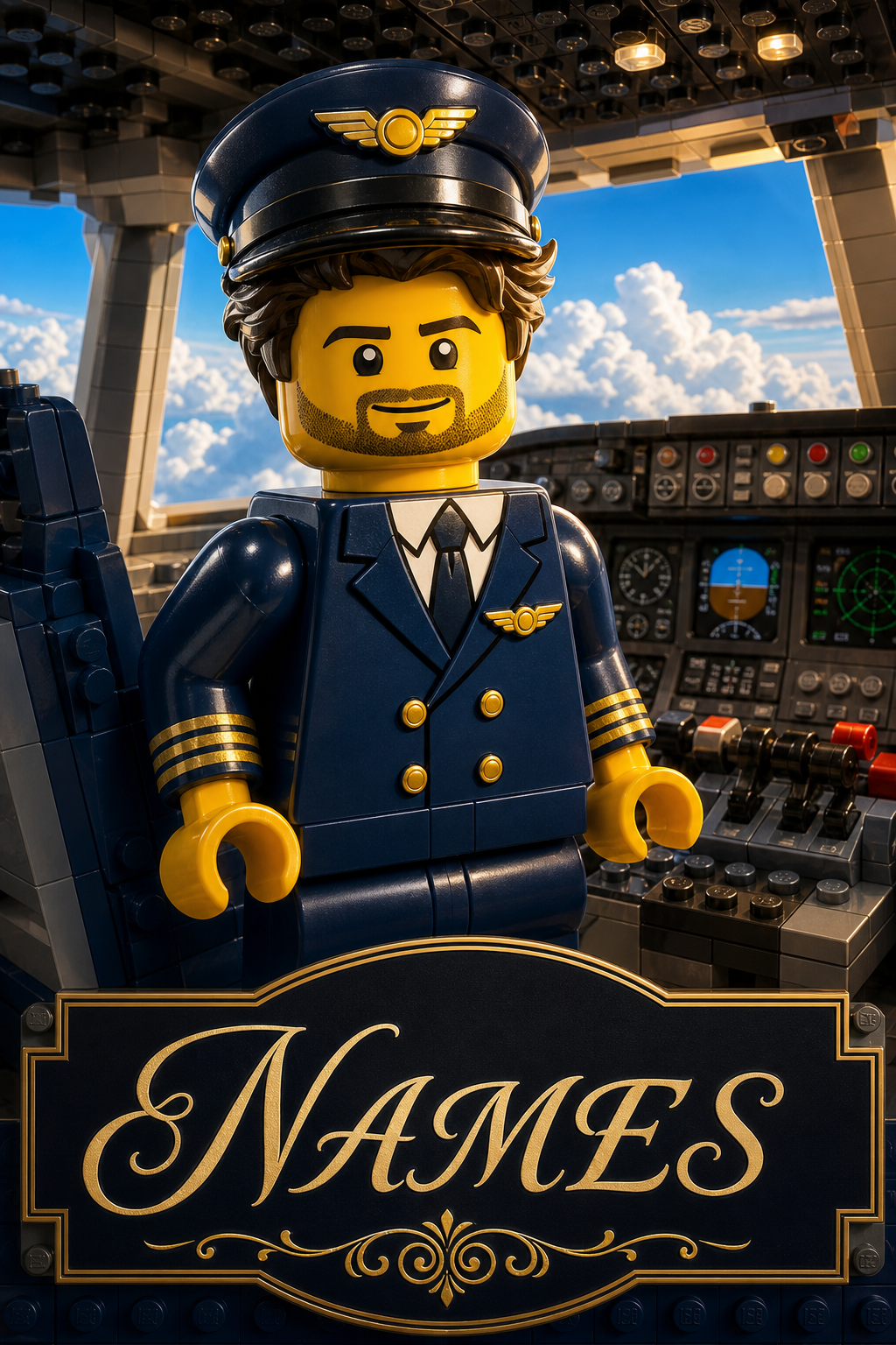 Custom Brick Minifigure Pilot Portrait — AI-regenerated portrait personalized wi