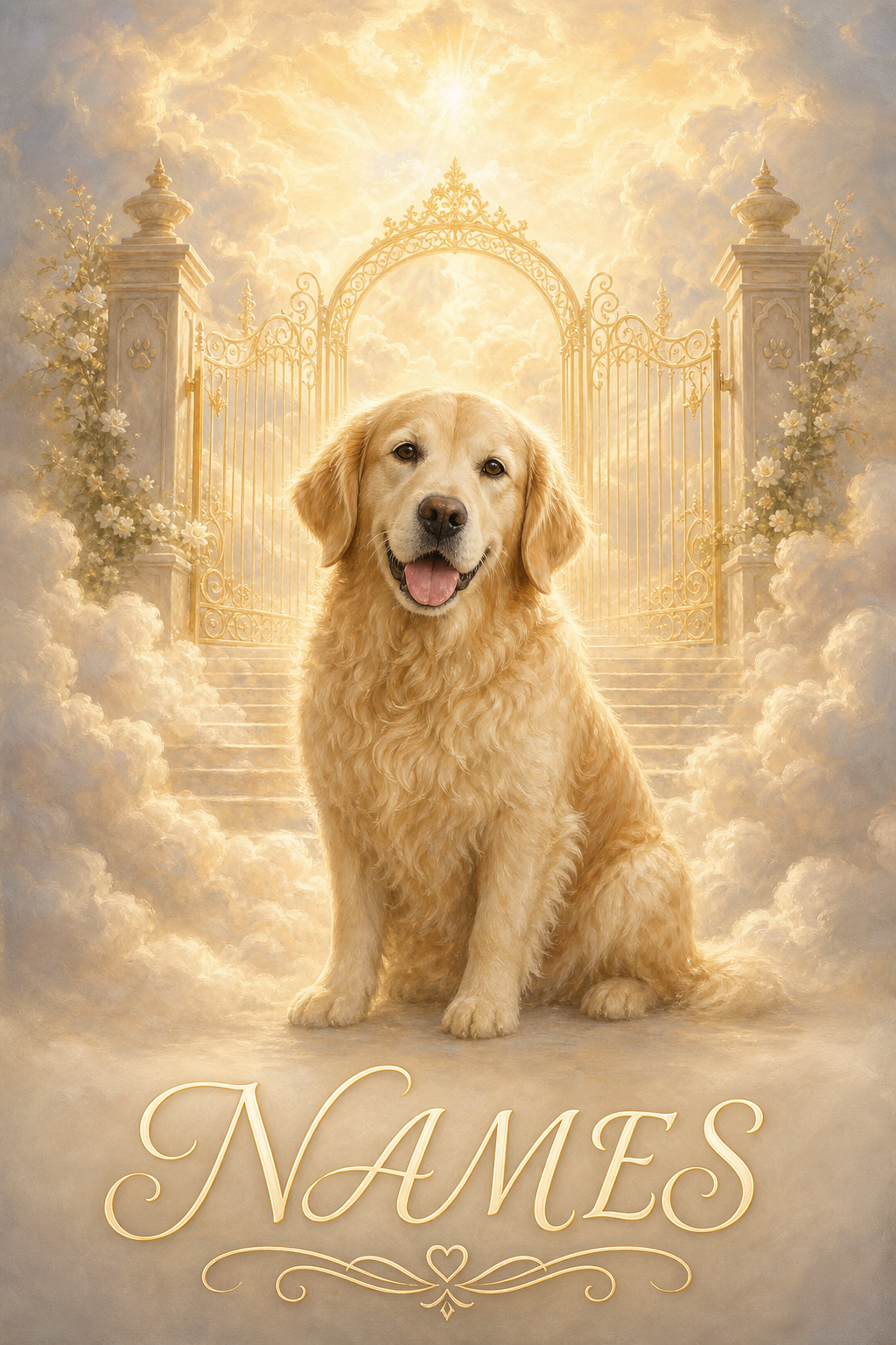 Custom Memorial Pet-Dog Portrait — Golden Retriever Heaven Gates from Photo