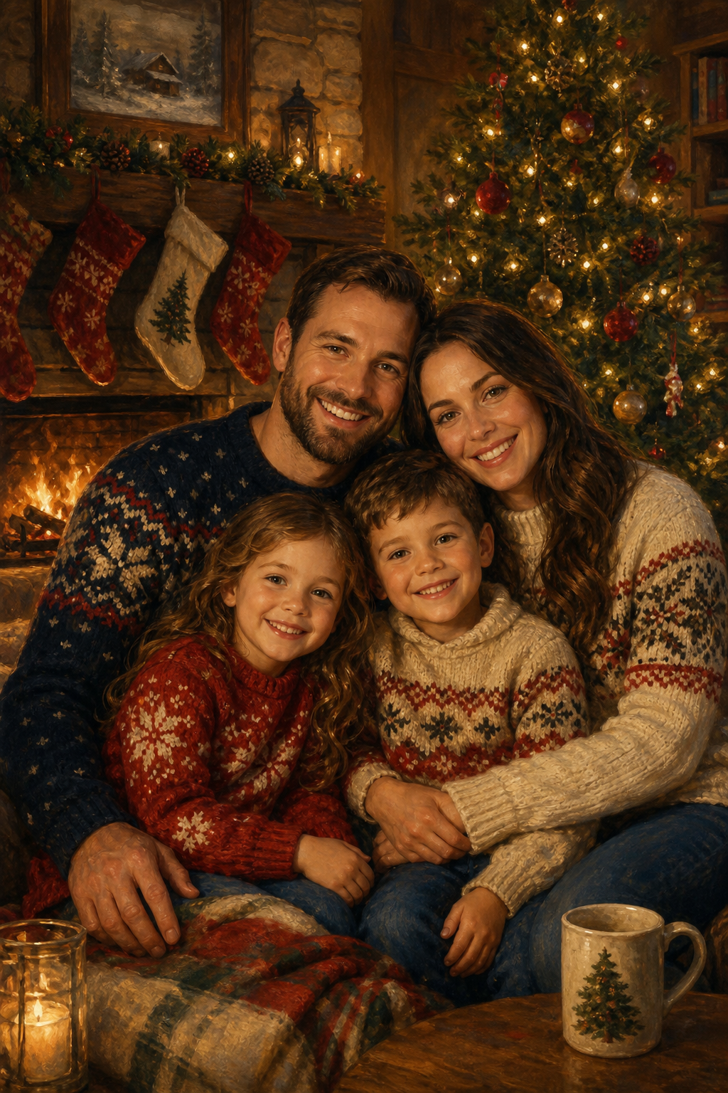 Custom Christmas Family Portrait — Cozy Fireplace Scene from Photo