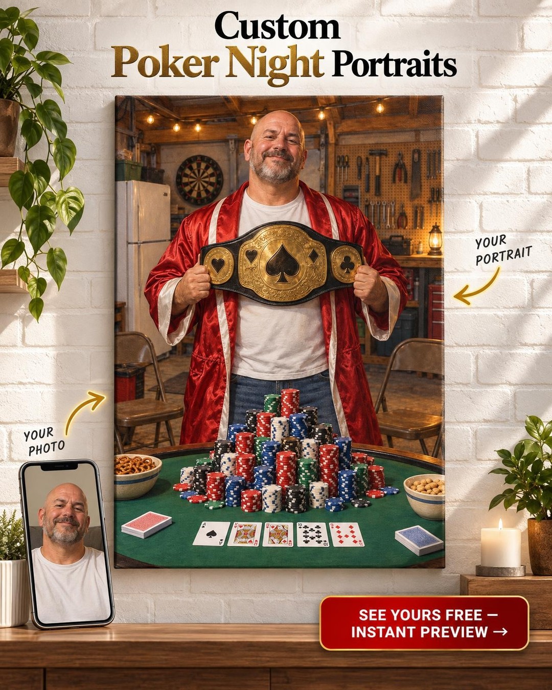 Poker Championship Belt Custom Portrait from Photo | Personalized Poker Night Gift