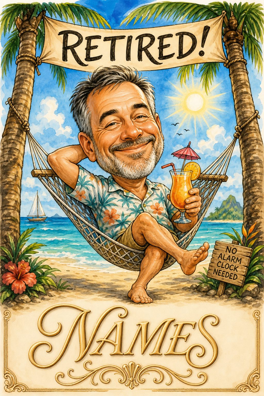Custom Caricature Single-Man Portrait — Tropical Retirement Beach Vibes