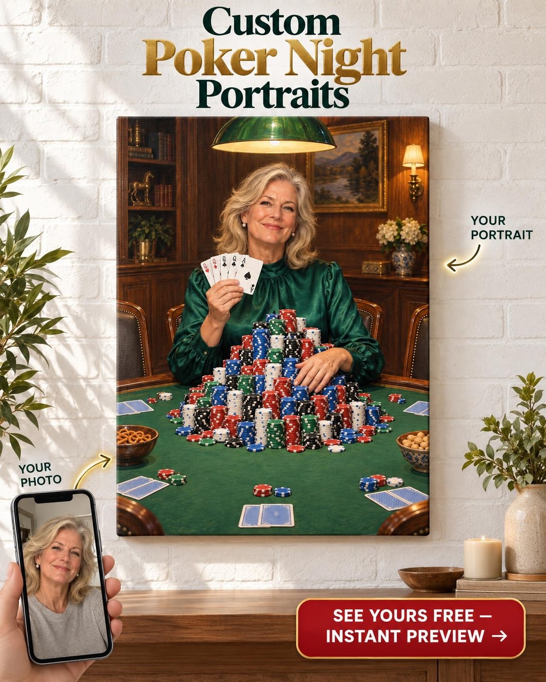 Queen of Poker Night Custom Portrait from Photo | Personalized Poker Night Portrait Gift