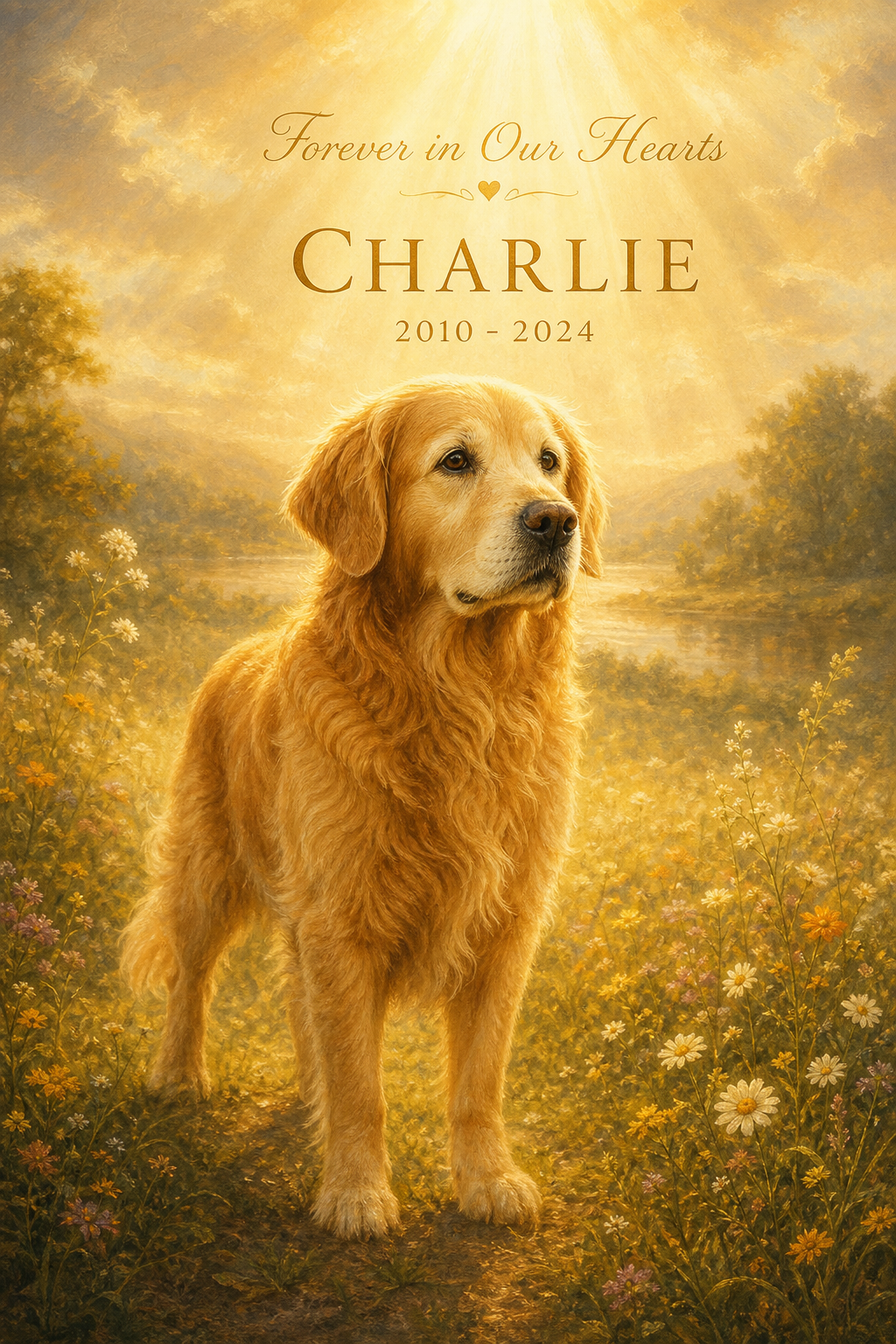 Custom Memorial Pet Dog Portrait — Golden Retriever in Sunlight from Photo