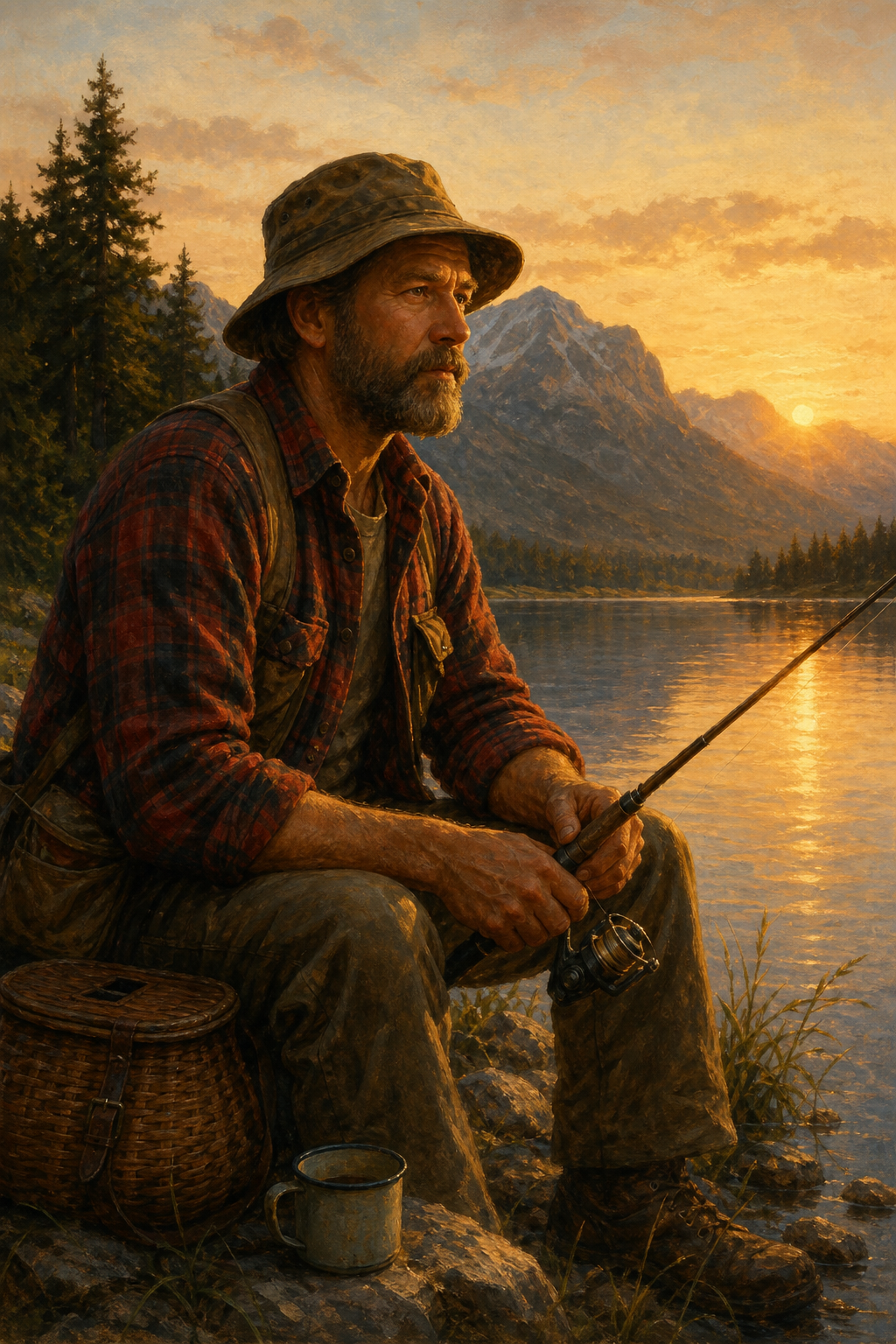 Custom Hobby Single-Man Portrait — Serene Fisherman at Sunset from Photo