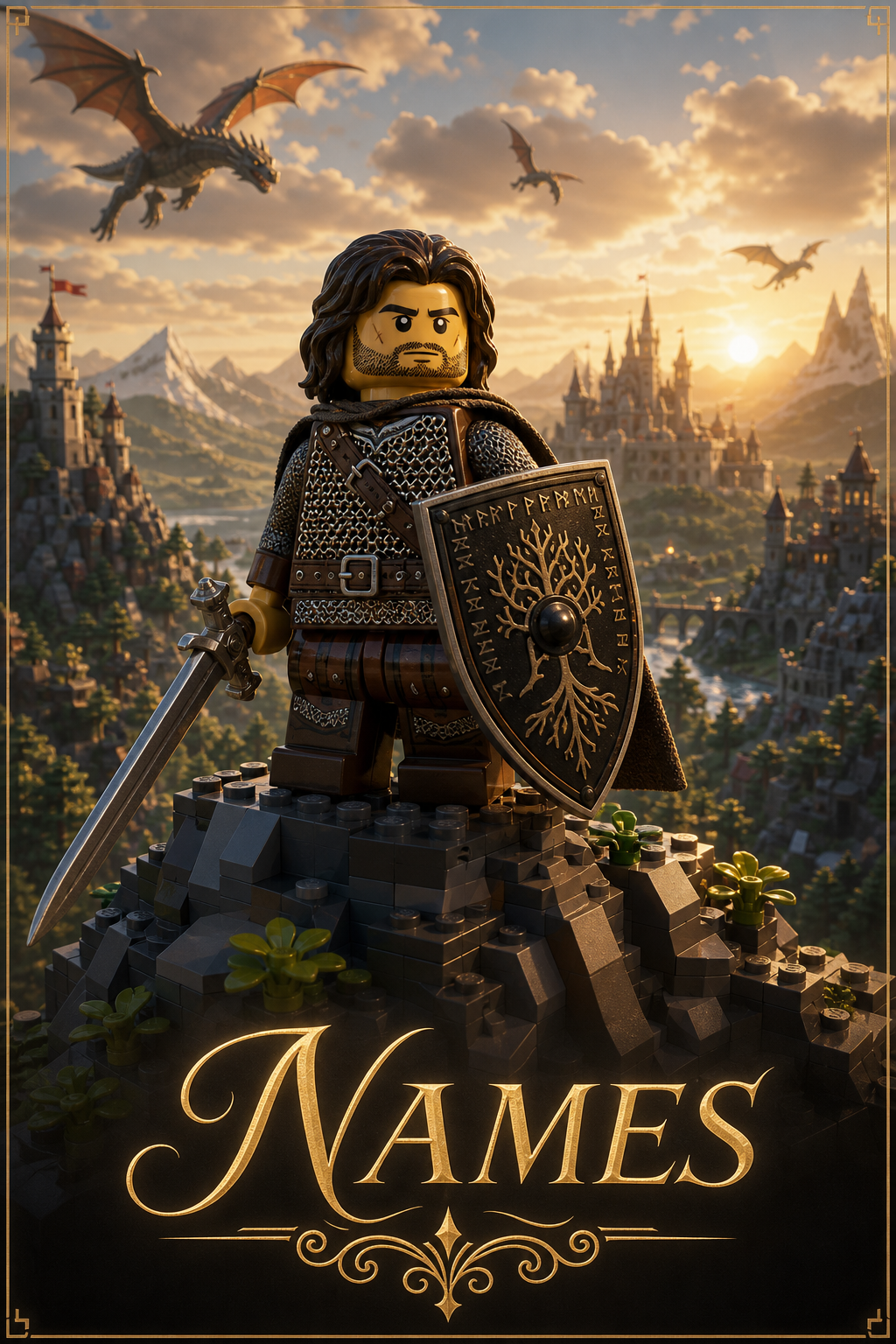 Custom Brick Minifigure Epic Fantasy Realm Portrait — AI-regenerated portrait pe