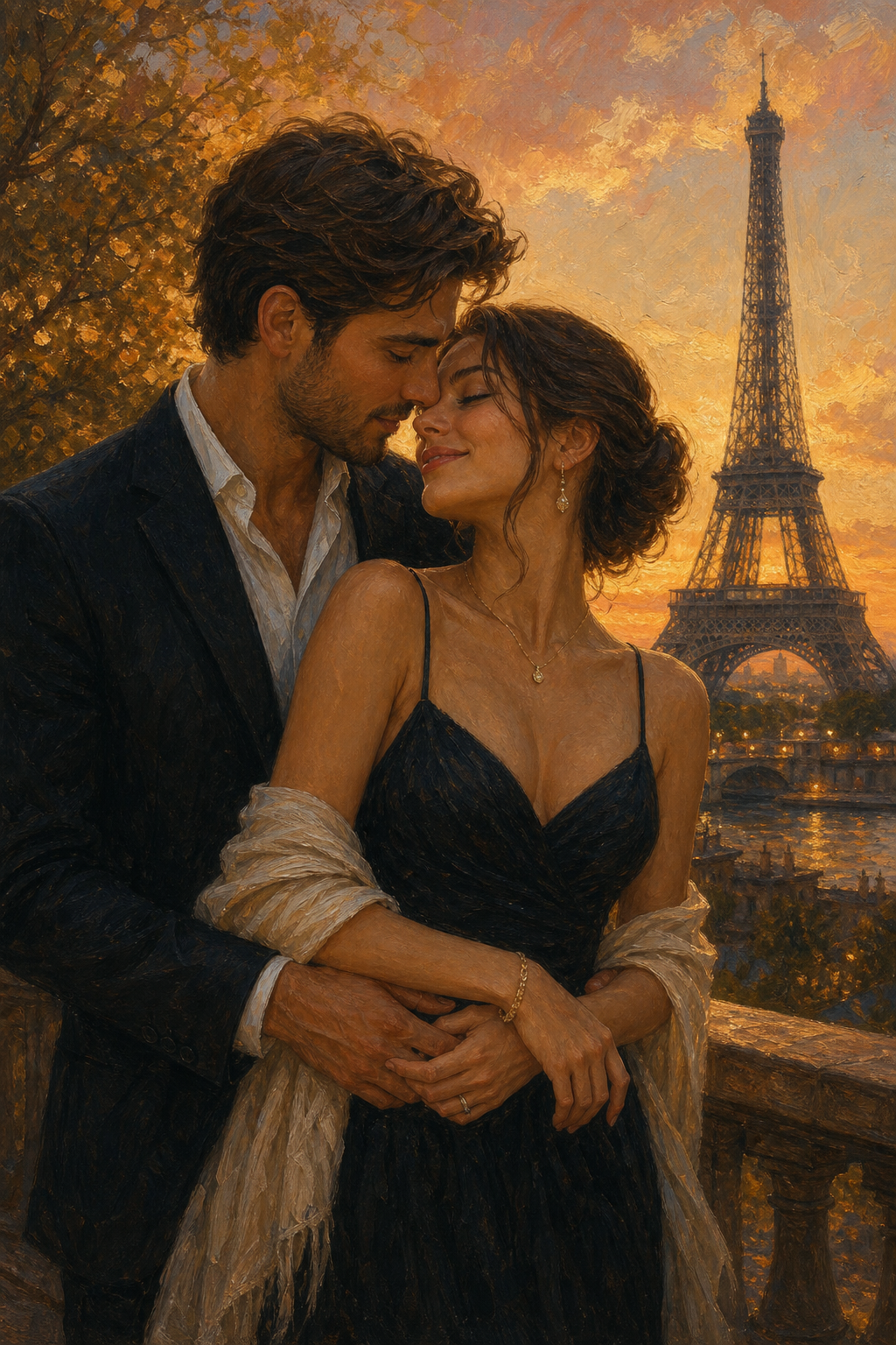 Custom Romance Couple Portrait — Parisian Sunset Embrace from Photo