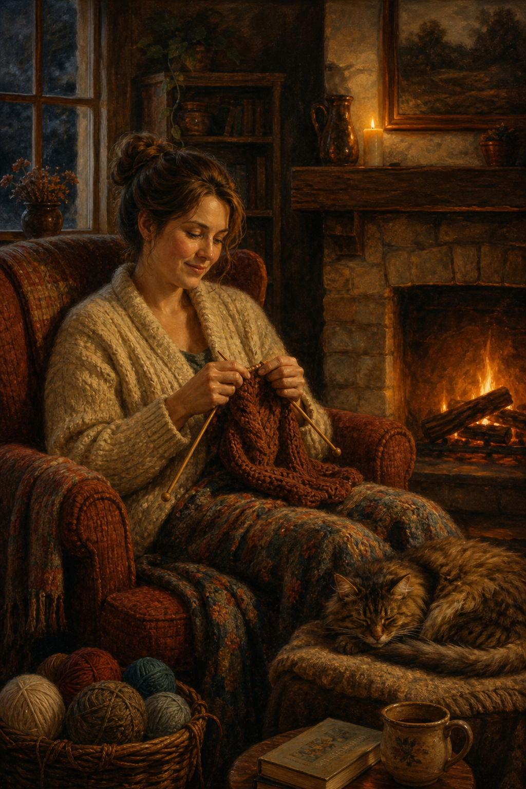 Custom Hobby Single Woman Portrait — Cozy Knitter by Fireplace
