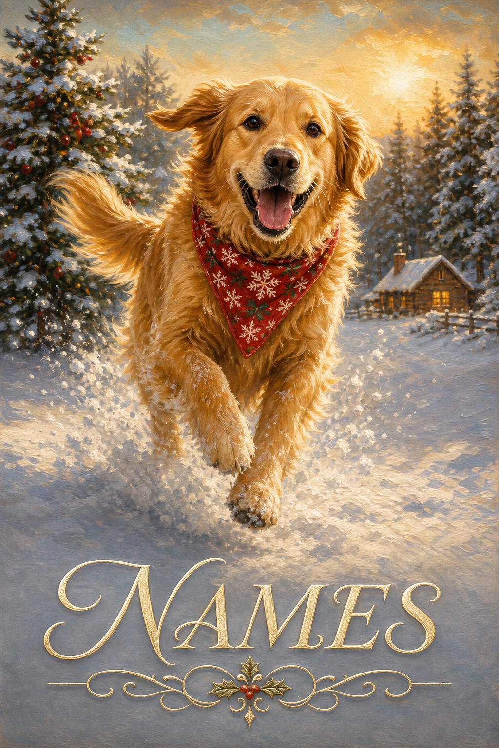 Custom Christmas Dog Portrait — Festive Golden Retriever in Snow from Photo