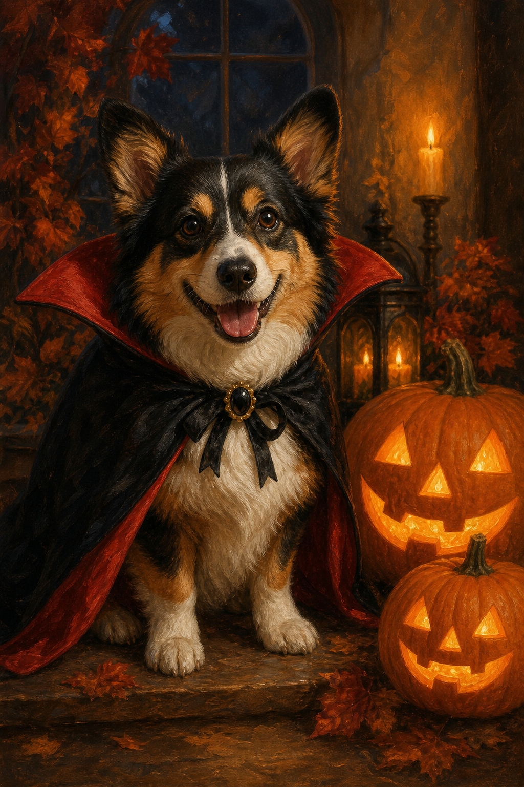 Custom Halloween Pet Dog Portrait — Whimsical Vampire Corgi Canvas