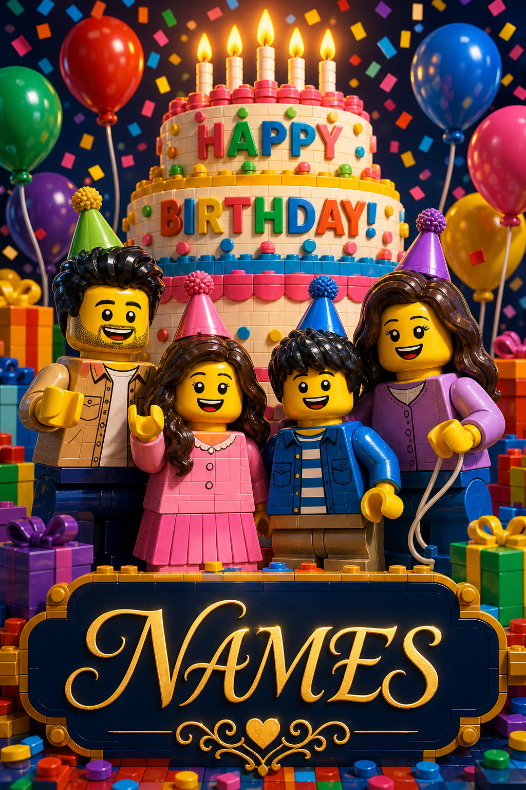 Custom Brick Minifigure Birthday Cake Portrait — AI-regenerated portrait persona