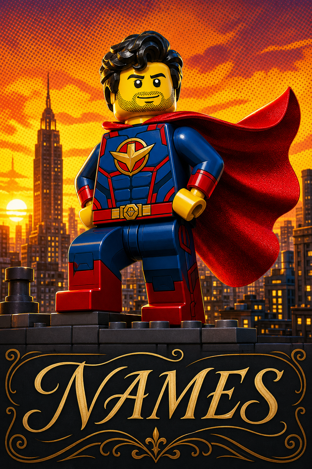 Custom Brick Minifigure Comic Superhero Portrait — AI-regenerated portrait perso
