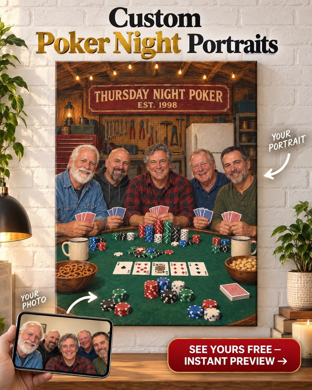 Poker Night Crew Custom Portrait from Photo | Personalized Poker Night Portrait Gift