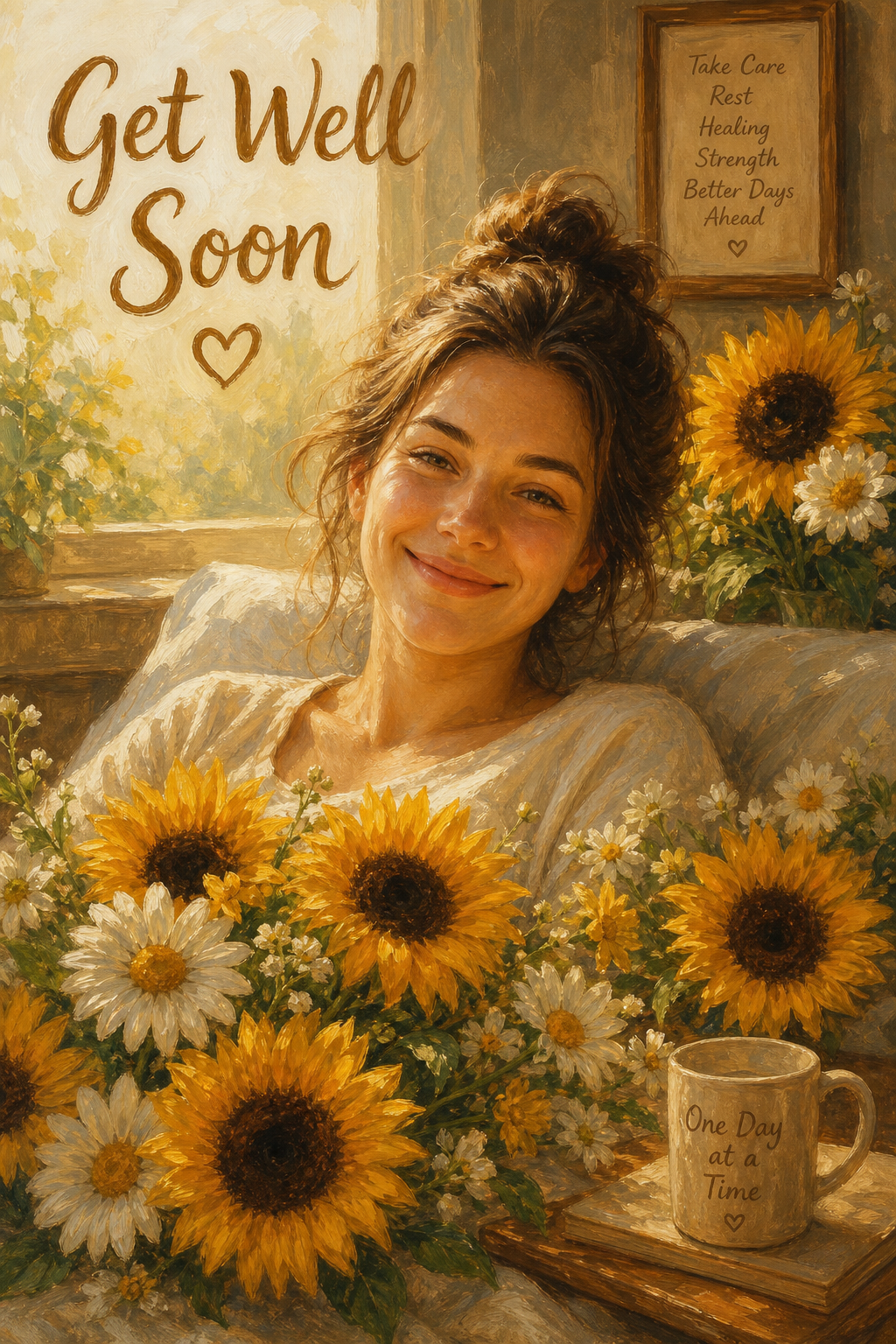 Custom GetWell Single Woman Portrait — Serene Sunflower Canvas for Him