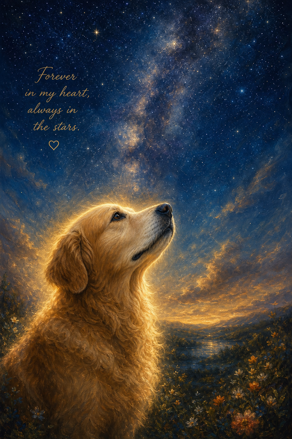 Custom Memorial Dog Portrait — Golden Retriever in Starry Sunset from Photo