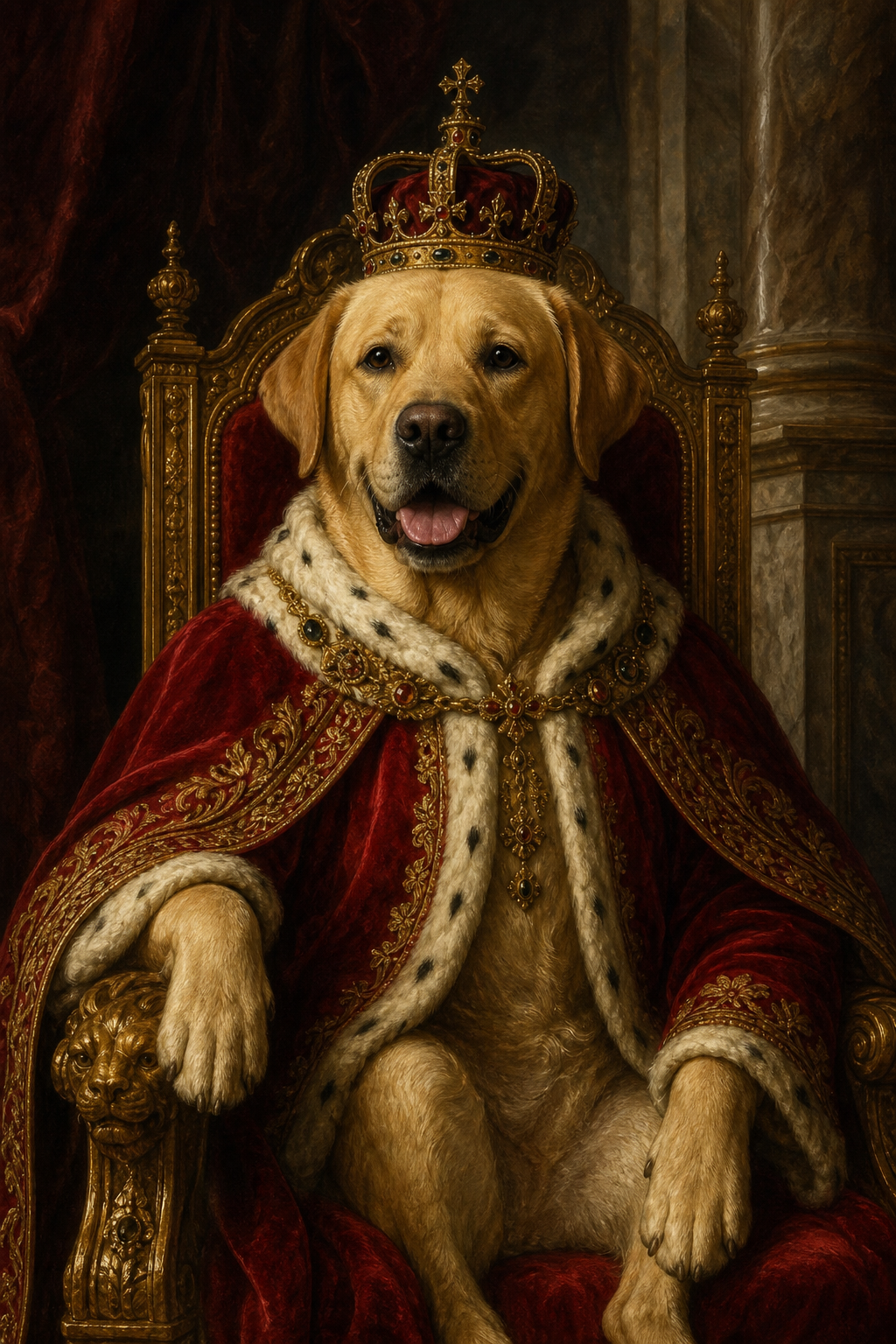 Custom Royal Dog Portrait — Heroic Canvas with Crown & Throne