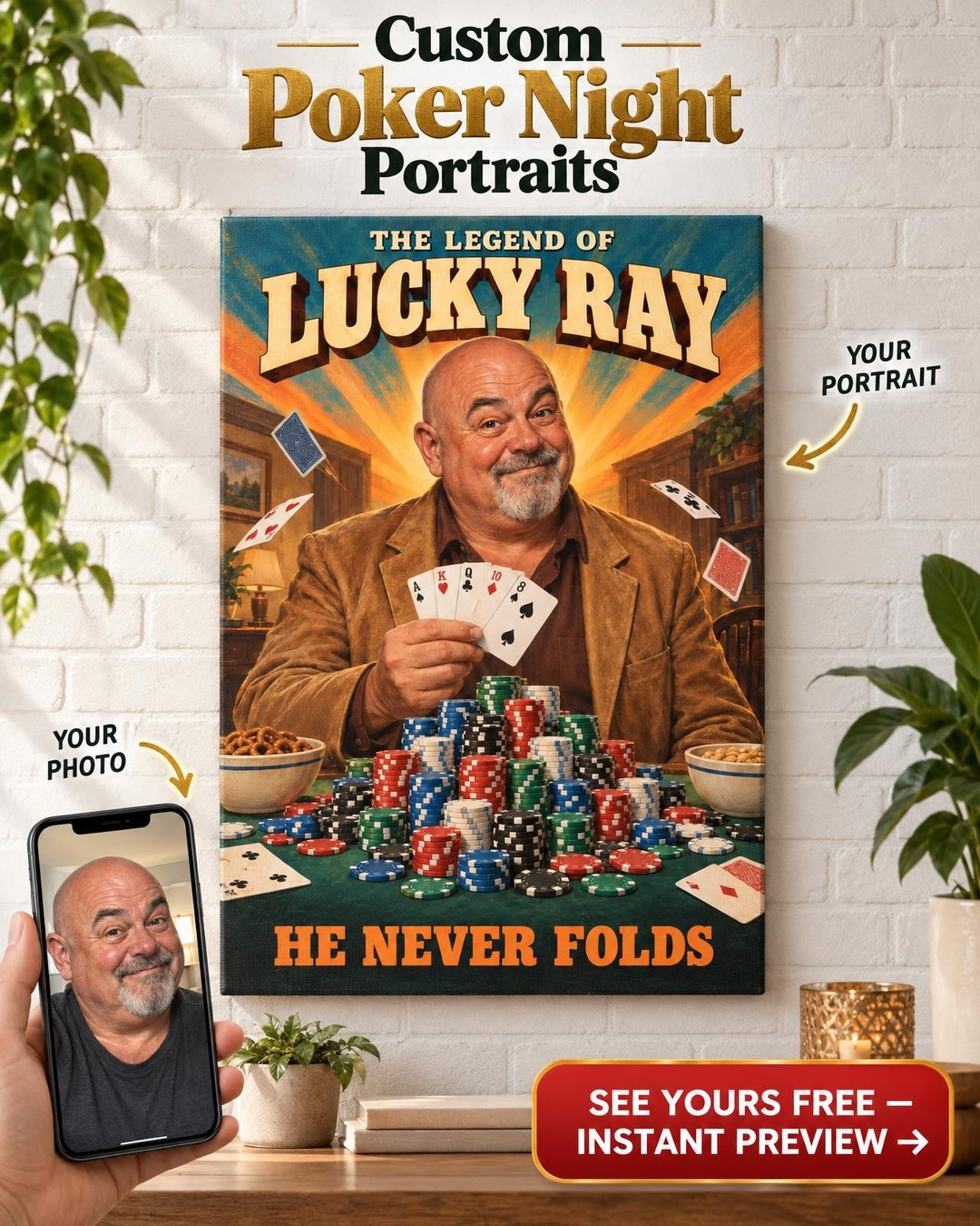 Poker Legend Movie-Poster Custom Portrait from Photo | Personalized Poker Night Gift
