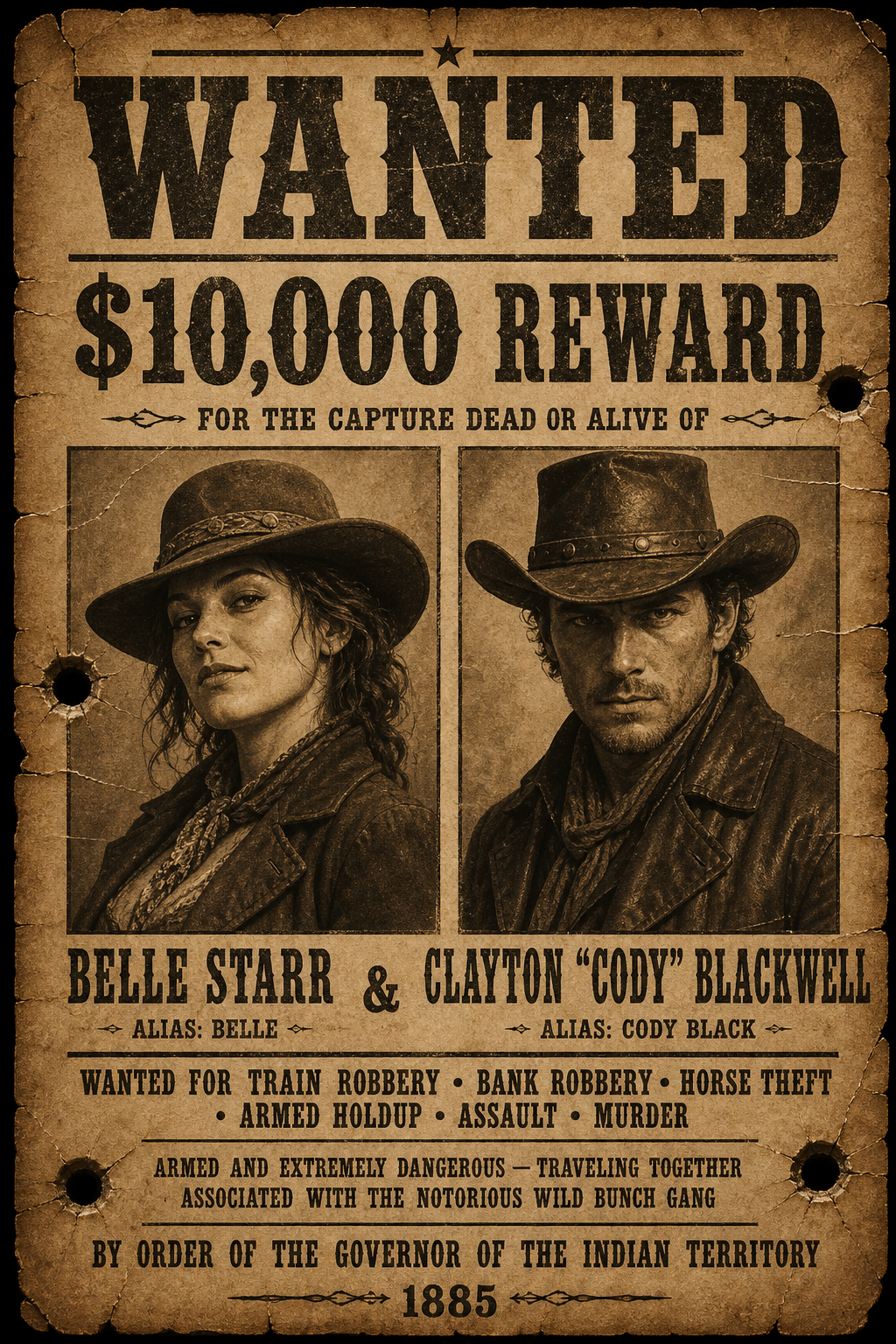 Custom wanted poster of a couple in Bonnie-and-Clyde outlaw style, painted from two photos on aged Old West paper