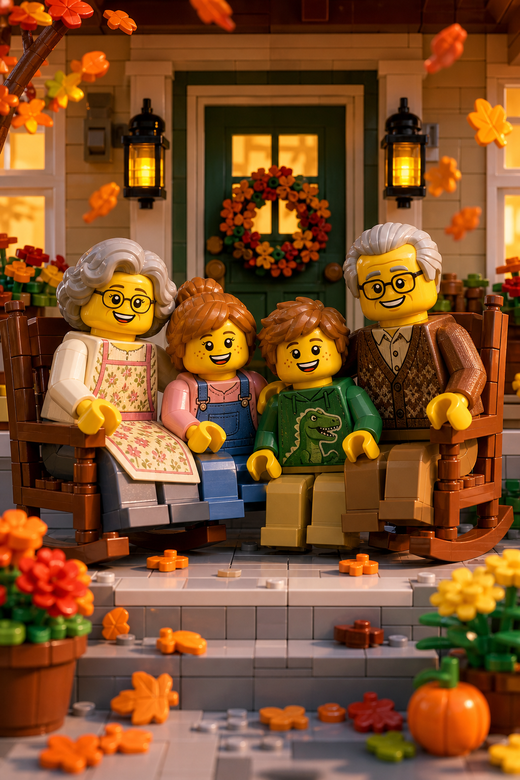 Custom Brick Minifigure Grandparents and Grandkids — AI-regenerated portrait, fr