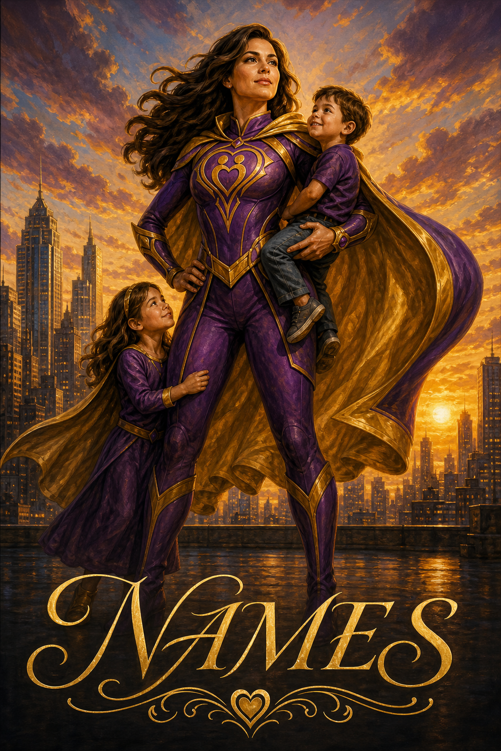 Custom Mother Portrait — Regal Supermom with Kids from Photo