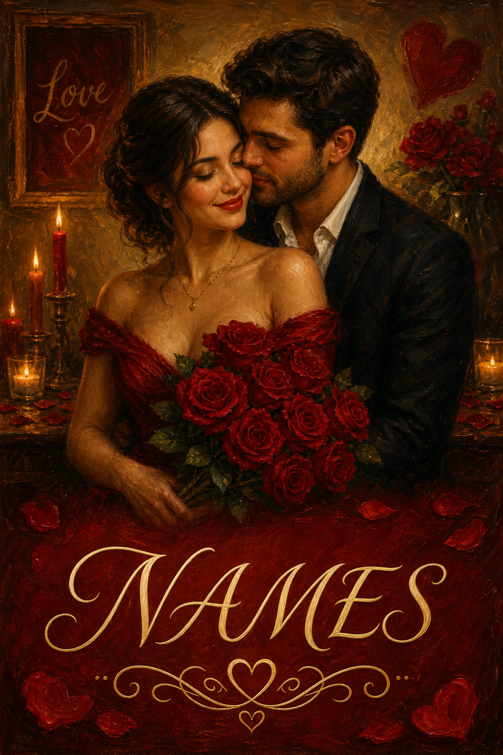 Custom Romance Couple Portrait — AI Art with Roses & Names