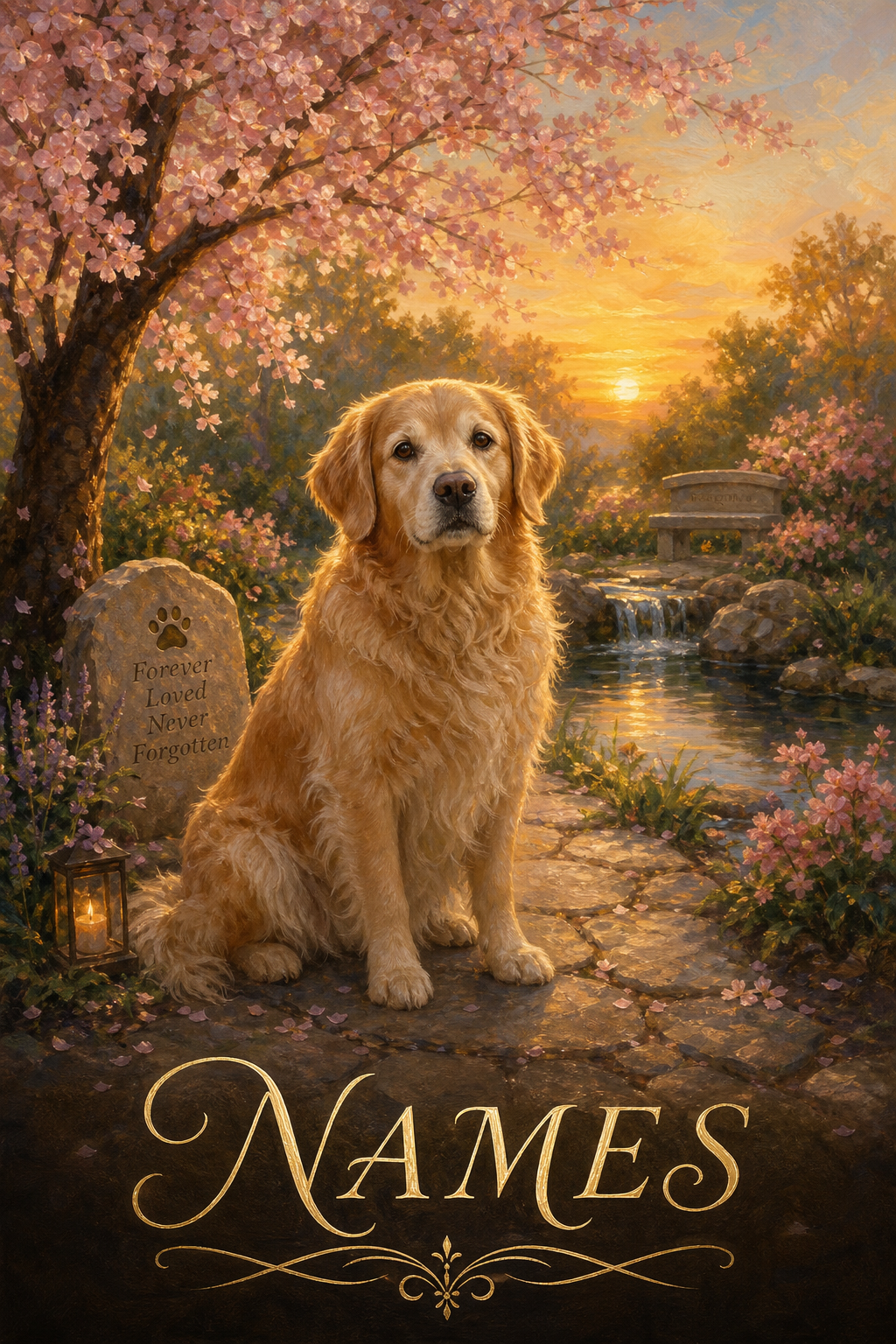 Custom Memorial Pet Portrait — Golden Retriever in Cherry Blossoms from Photo