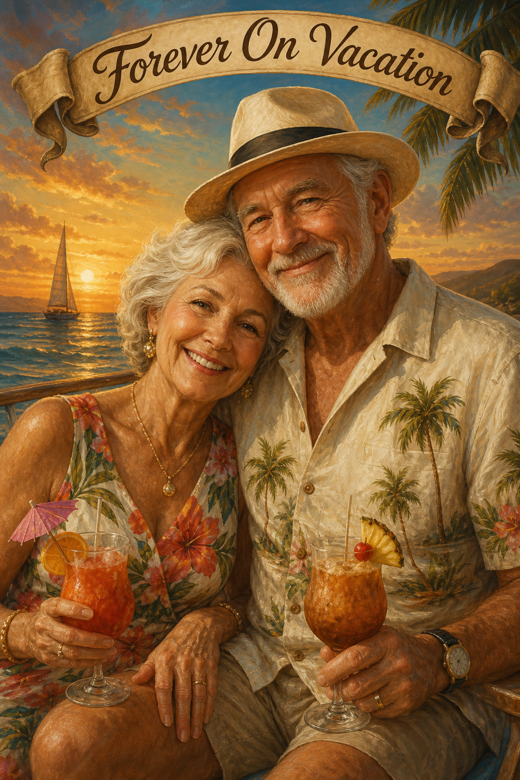 Custom Retirement Couple Portrait — Sunset Beach Romance from Photo