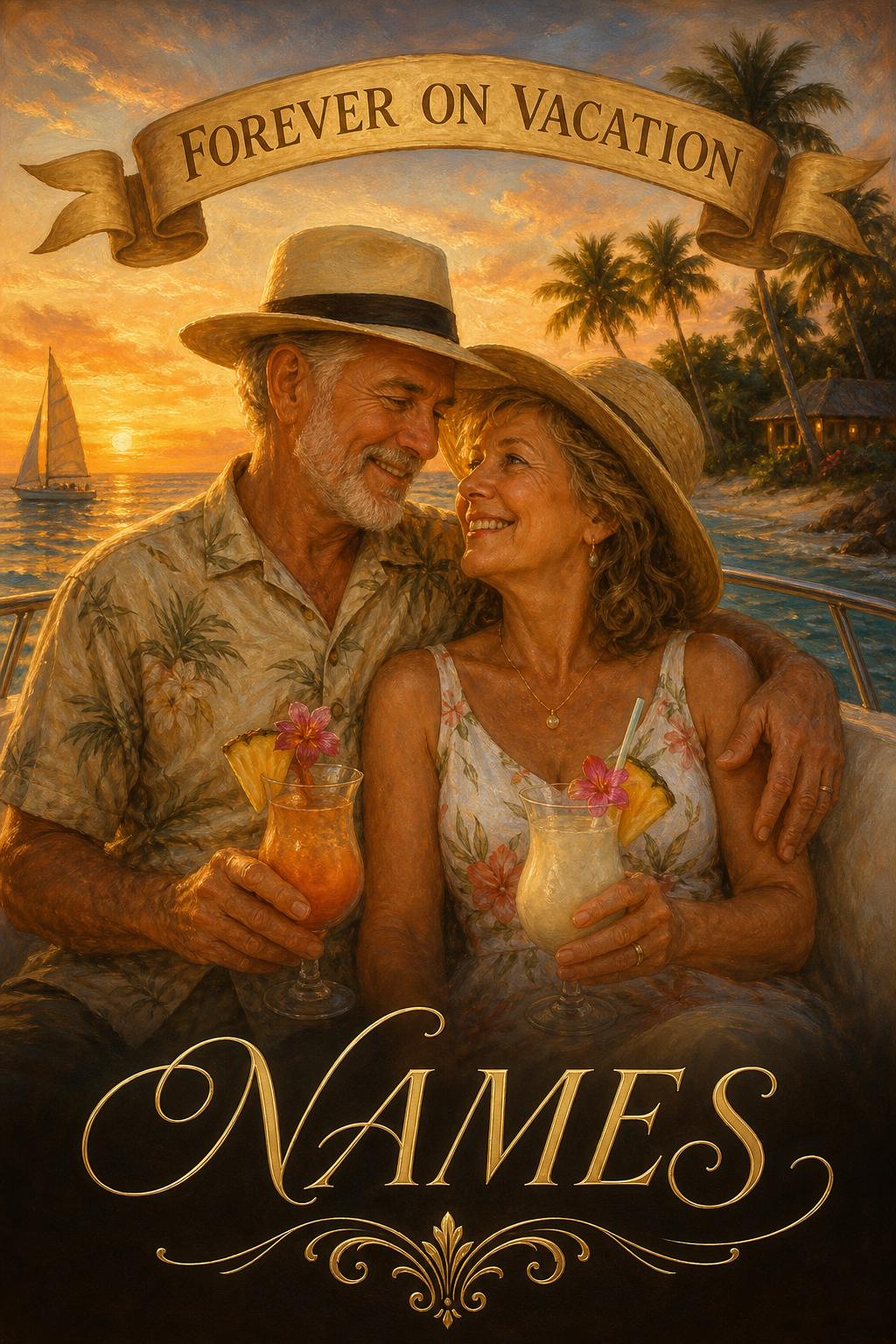 Custom Retirement Couple Portrait — Tropical Sunset Romance from Photo