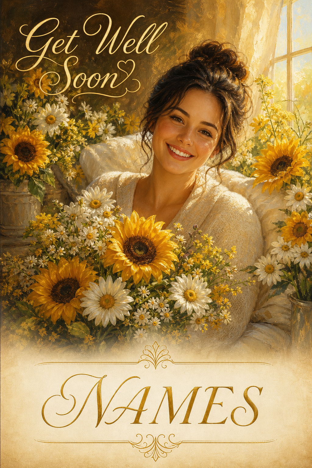 Custom GetWell Single-Woman Portrait — Healing Florals from Photo