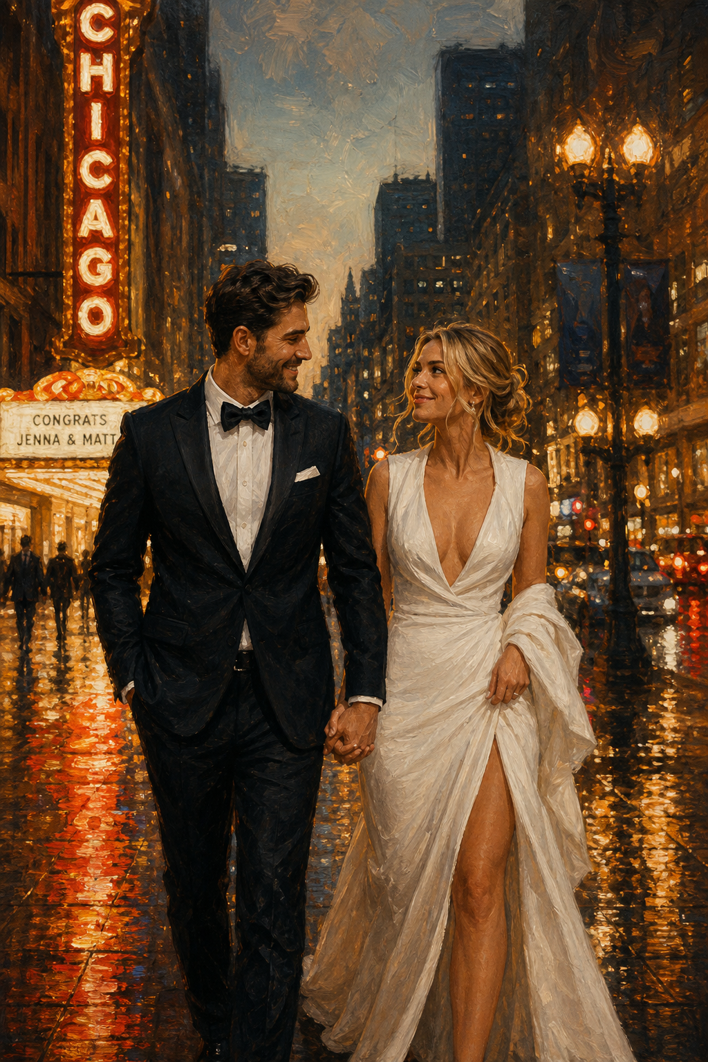 Custom Wedding Couple Portrait — City Lights & Rain from Photo