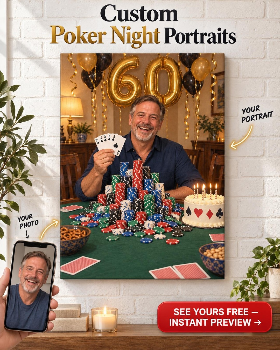 Poker Birthday Custom Portrait from Photo | Personalized Poker Night Gift