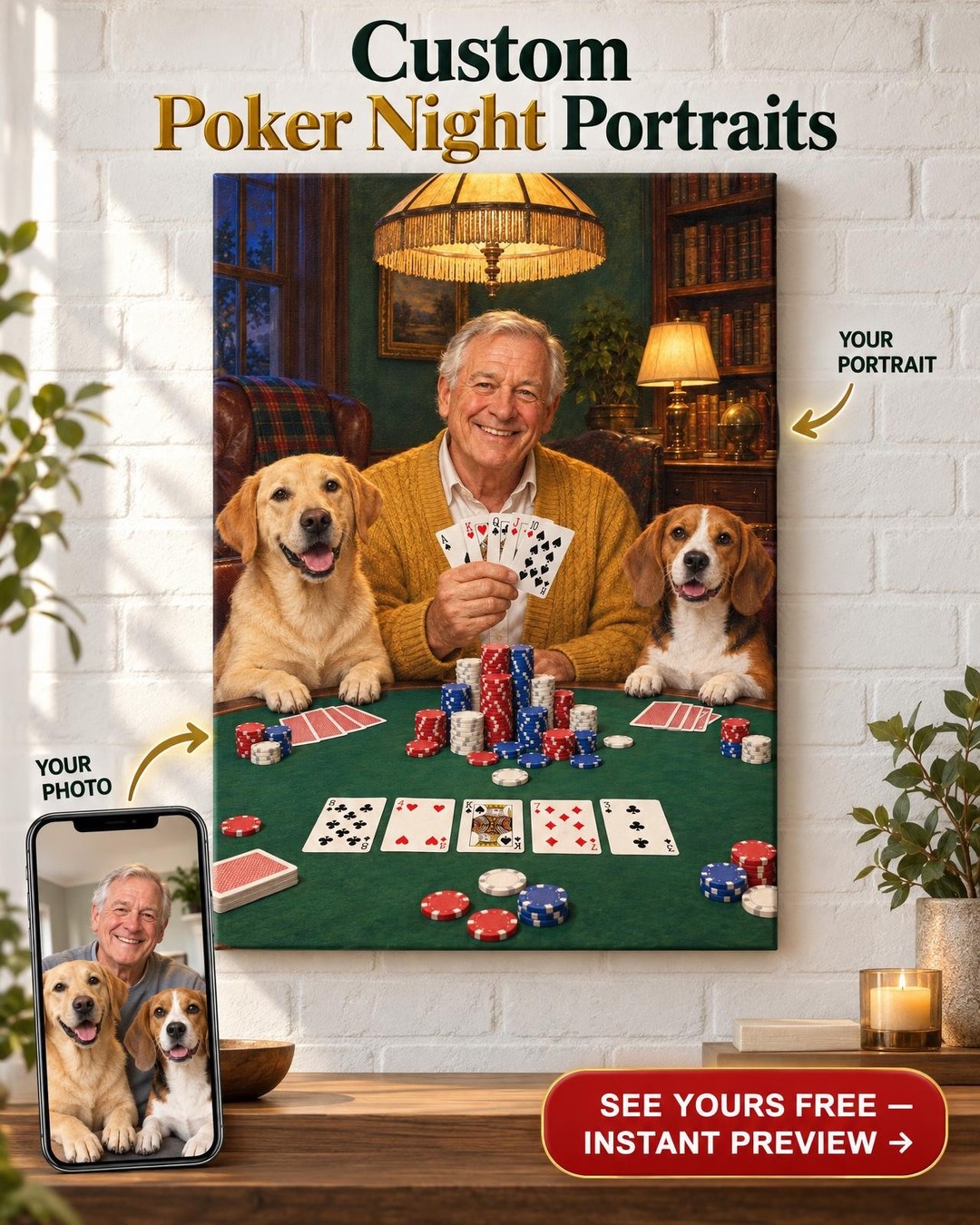 Poker Night with His Dogs Custom Portrait from Photo | Personalized Poker Night Portrait Gift