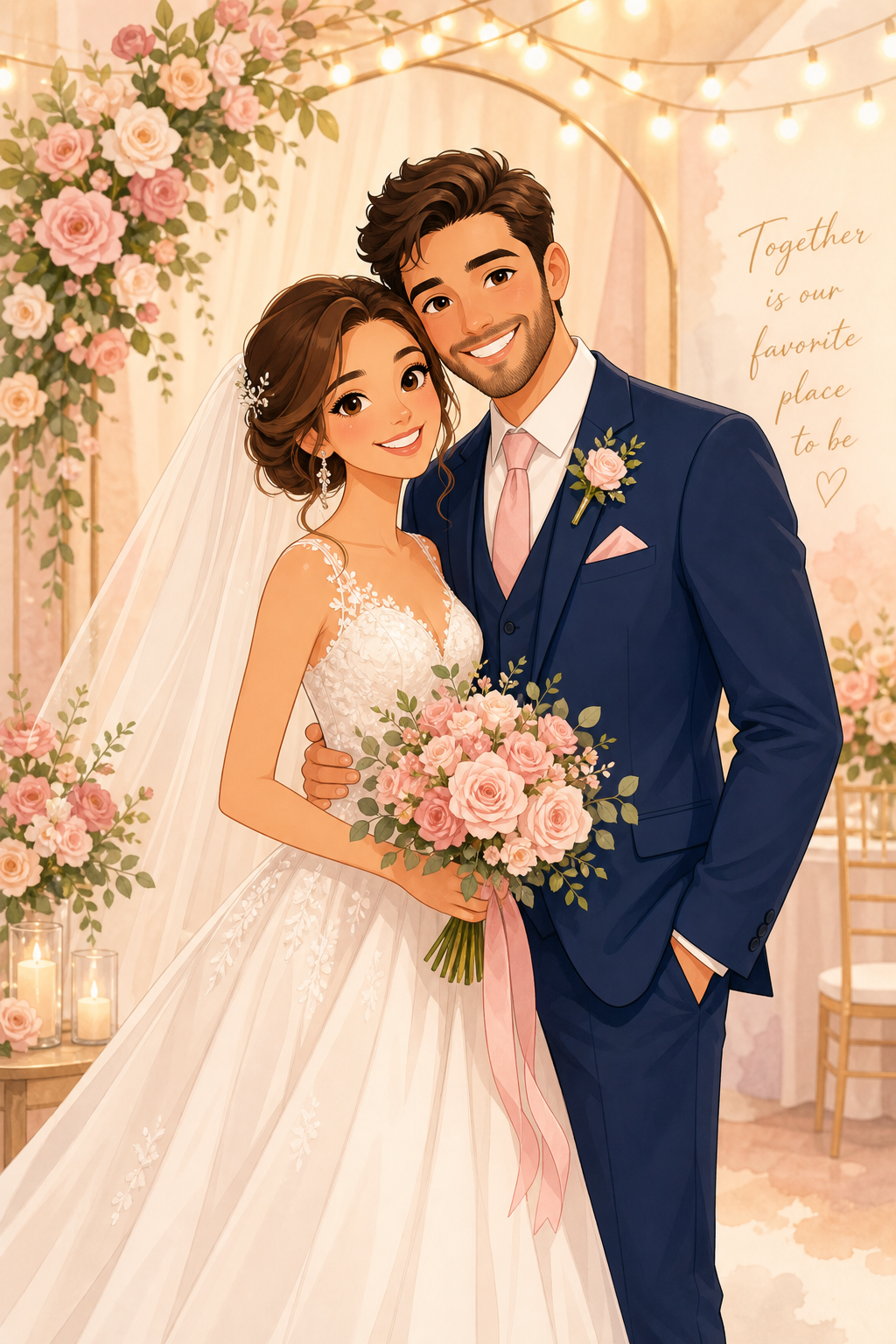 Custom Cartoon Couple Portrait — Romantic Wedding AI Art from Photo