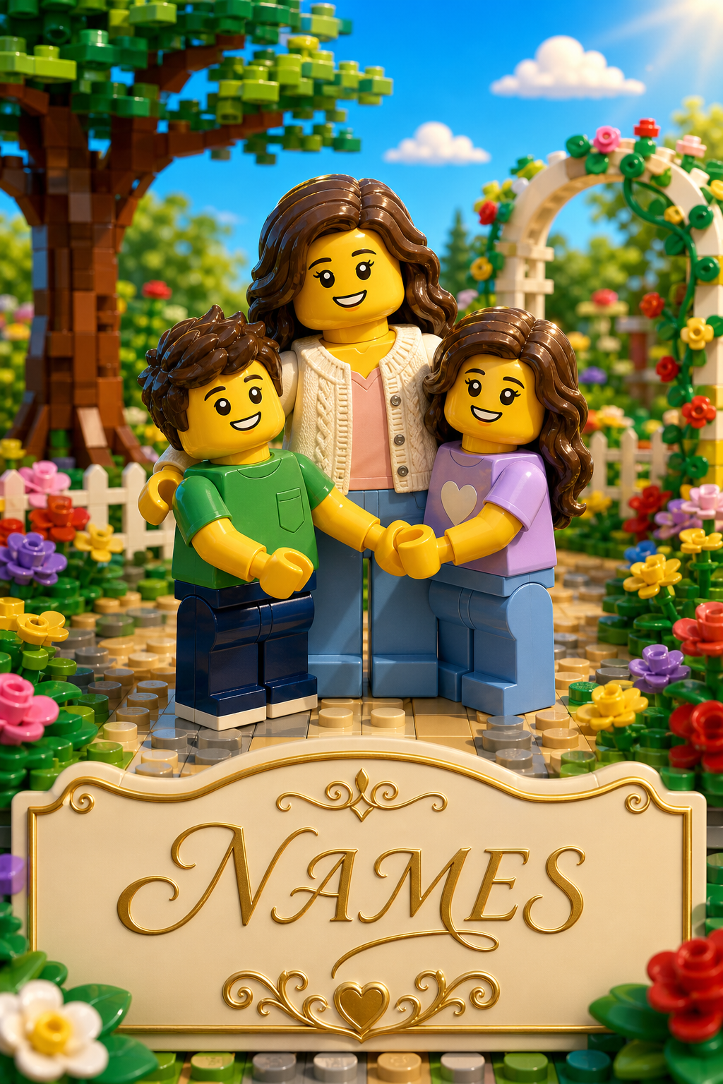 Custom Brick Minifigure Mom and Kids Portrait — AI-regenerated portrait personal