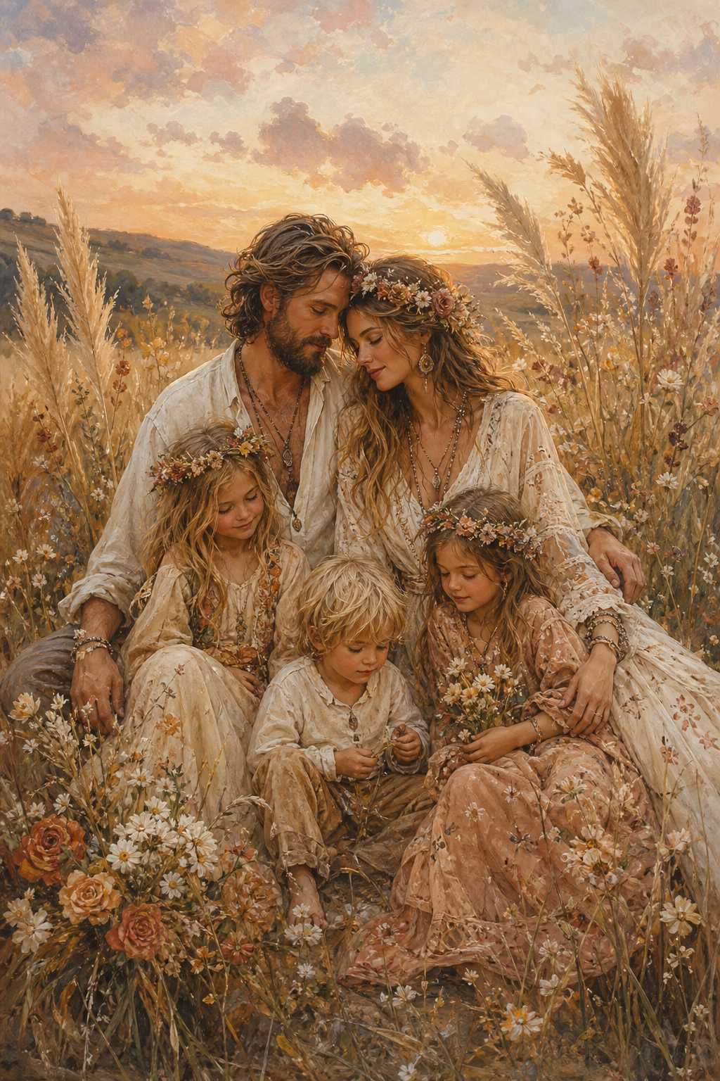 Custom Boho Family Portrait — Serene Sunset Embrace from Photo